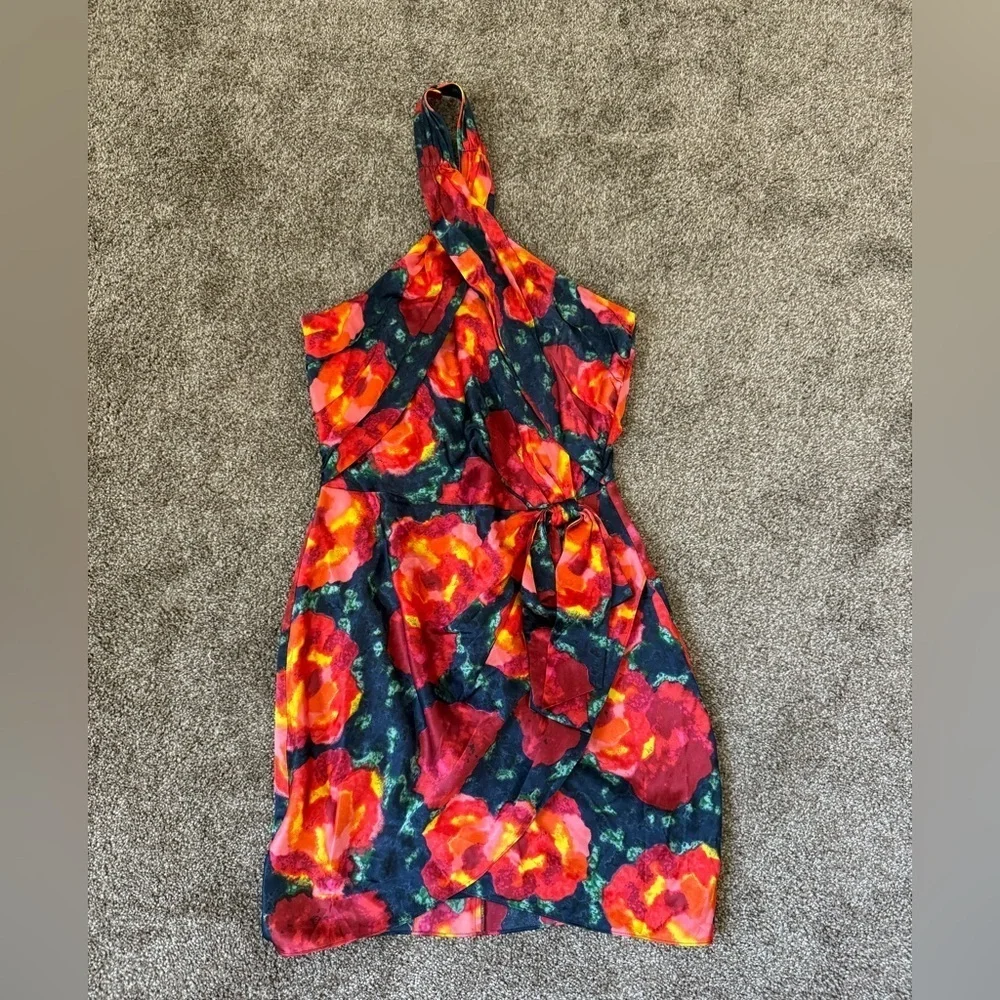 Cinq a Sept Trini Satin Floral Halter Neck Mini Wrap Dress 4
